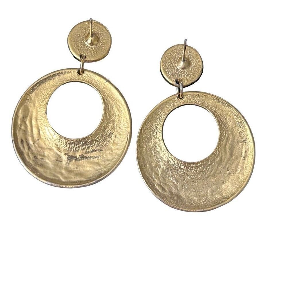 Vtg 90s Drop Earrings Blue Gold Aztec Southwest Cloisonne Enamel Round Pierced - Picture 2 of 6